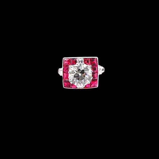 ART DECO SPINEL AND DIAMOND PLATINUM RING