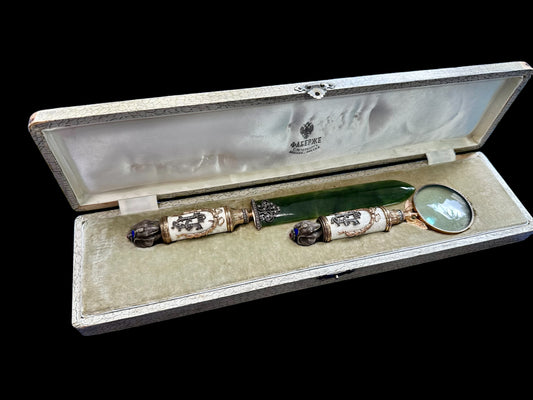 FABERGE NEPHRITE MAIL LETTER OPENER AND MAGNIFYING GLASS CIRCA 1800s